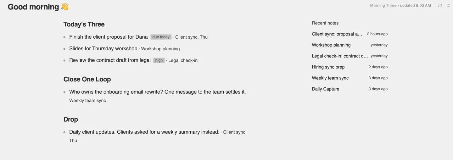 The jotty.pro homepage on a weekday morning: today's three tasks, one open question to close, one item to drop, and recent notes