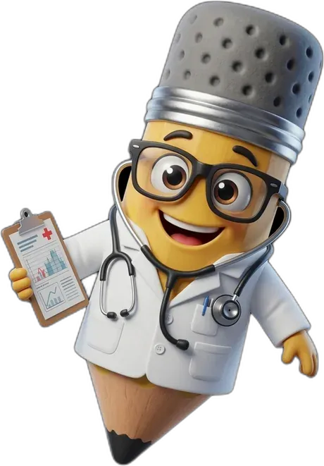 Pencil mascot in a lab coat with a stethoscope and a chart