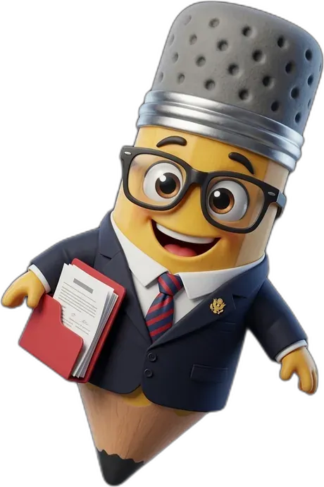 Pencil mascot in a navy suit holding a legal folder